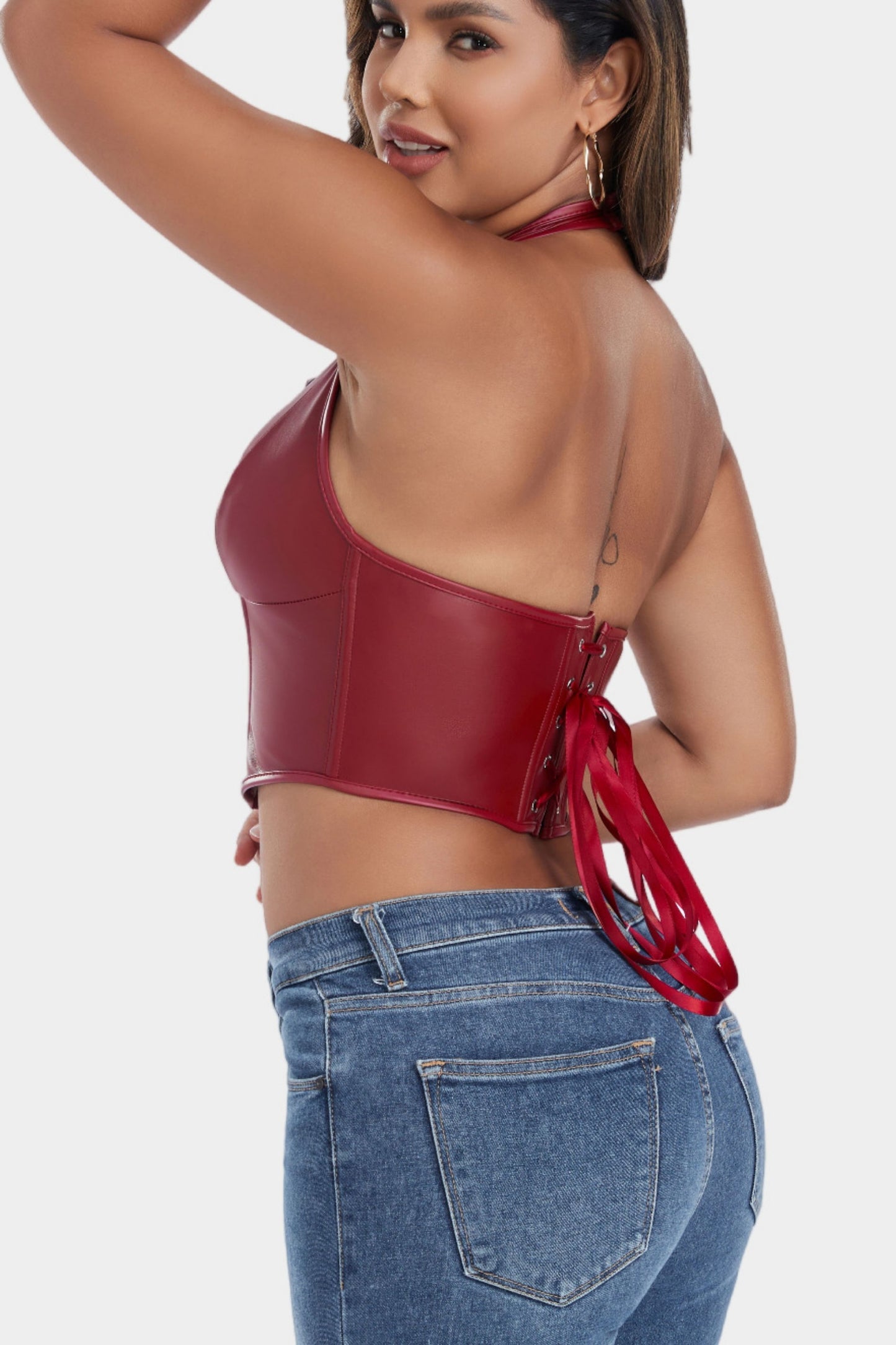 PU Leather Corset Top for Women – Sexy Boned Bustier Tank with Hook Neck & Front Closure Slimming Shapewear Blouse
