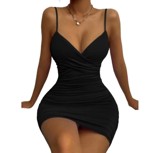 Elegant European Cut Backless Camisole Dress with Pleated Hip Design