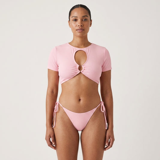 Summer Sexy Hollow Out Ribbed Bikini Set – Women’s Two Piece Swimsuit with Thong Bottoms & Short Sleeve Top