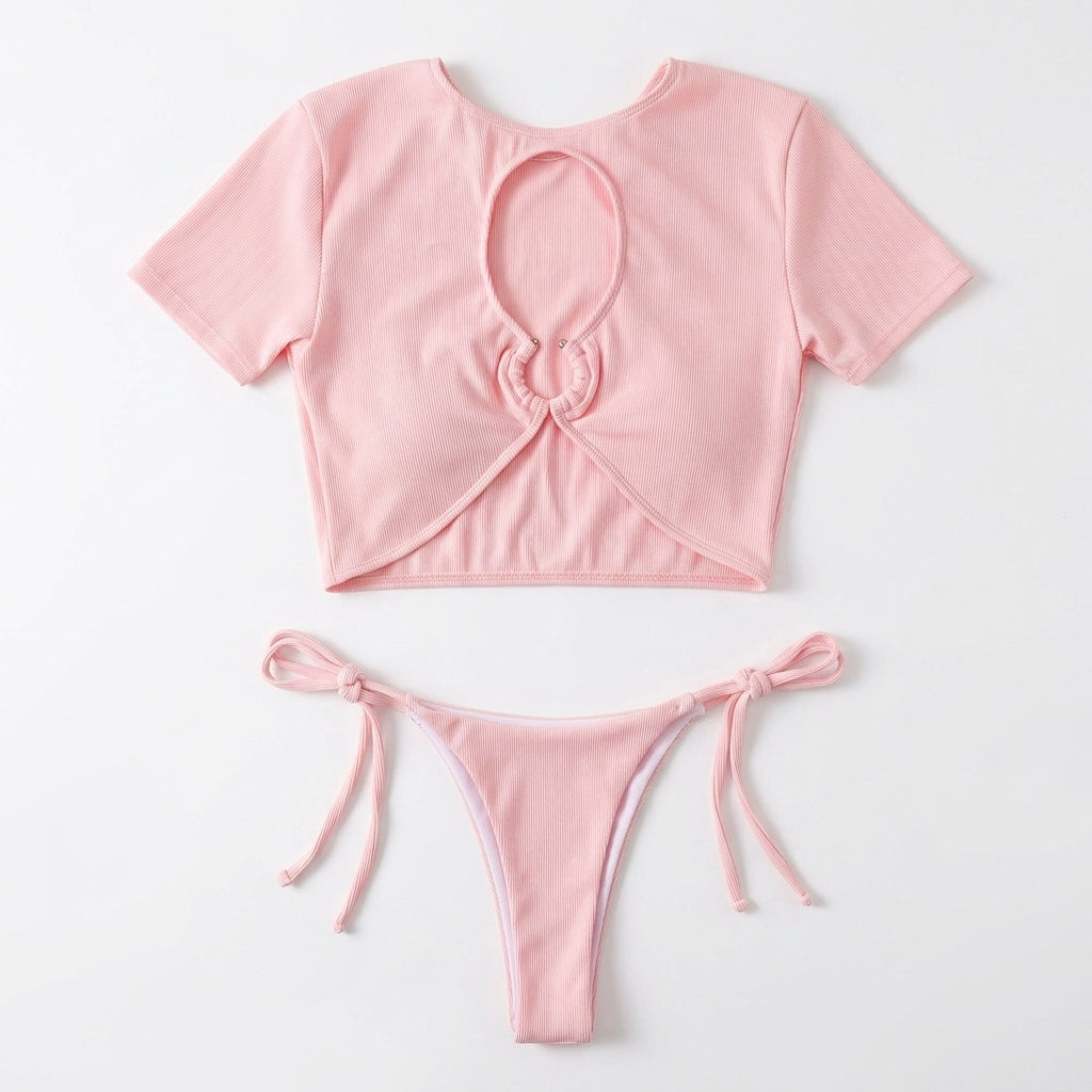 Summer Sexy Hollow Out Ribbed Bikini Set – Women’s Two Piece Swimsuit with Thong Bottoms & Short Sleeve Top