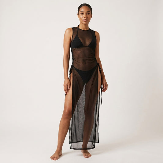 Sexy Women Mesh Swimwear – 3 Piece Bikini Set with High Leg Cut & Cover Up Dress