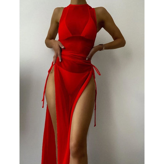 Sexy Women Mesh Swimwear – 3 Piece Bikini Set with High Leg Cut & Cover Up Dress