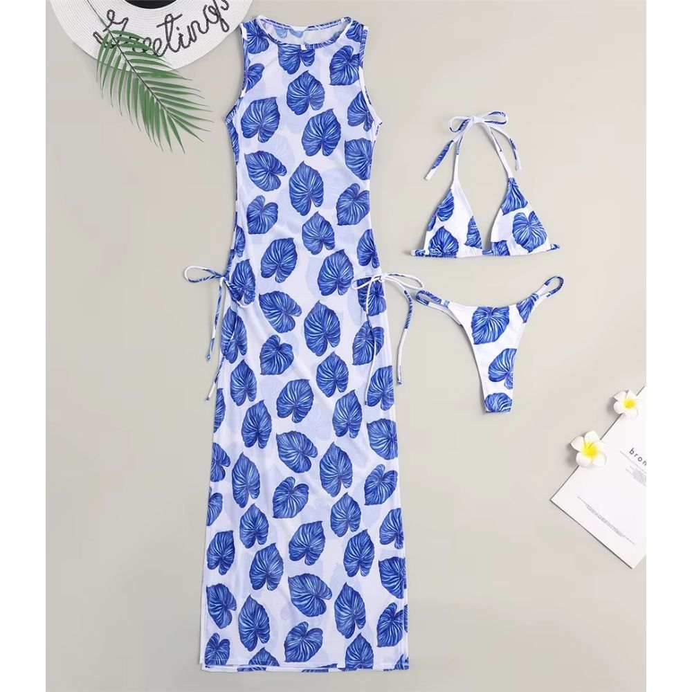 Sexy Women Mesh Swimwear – 3 Piece Bikini Set with High Leg Cut & Cover Up Dress