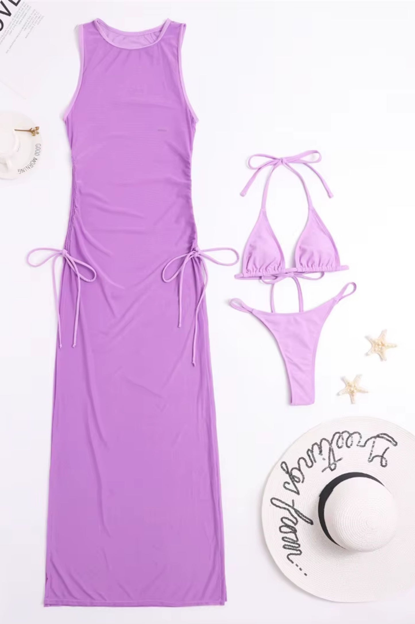 Sexy Women Mesh Swimwear – 3 Piece Bikini Set with High Leg Cut & Cover Up Dress