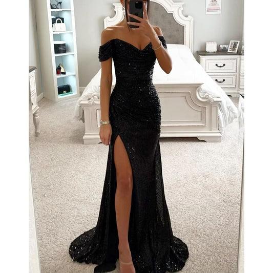 Elegant Sequined Slit Neck Maxi Evening Gown