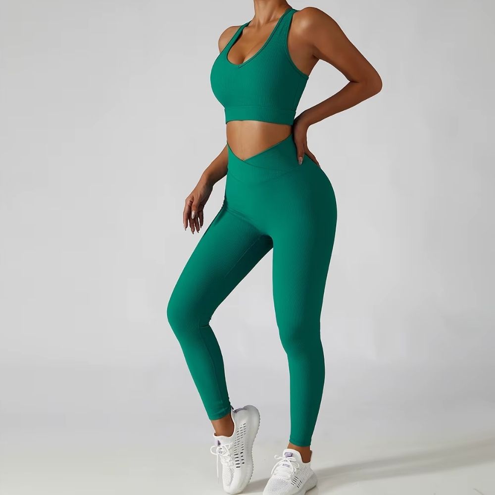 Ribbed Yoga Suit Women's Workout Gym Fitness Legging Sets - Activewear