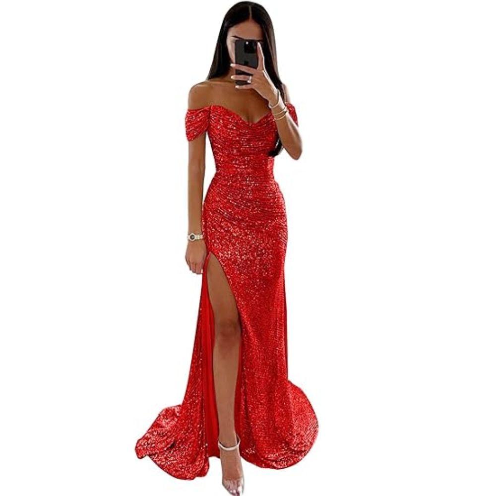 Elegant Sequined Slit Neck Maxi Evening Gown