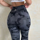 Women's High Waisted Seamless Camo Leggings, Black Grey Camouflage Print, Sculpting Stretch Workout Yoga Pants