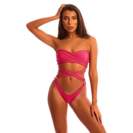 Pink Neon Bikini for Women – Sexy Strapless Bandage Swimwear Two-Piece Set