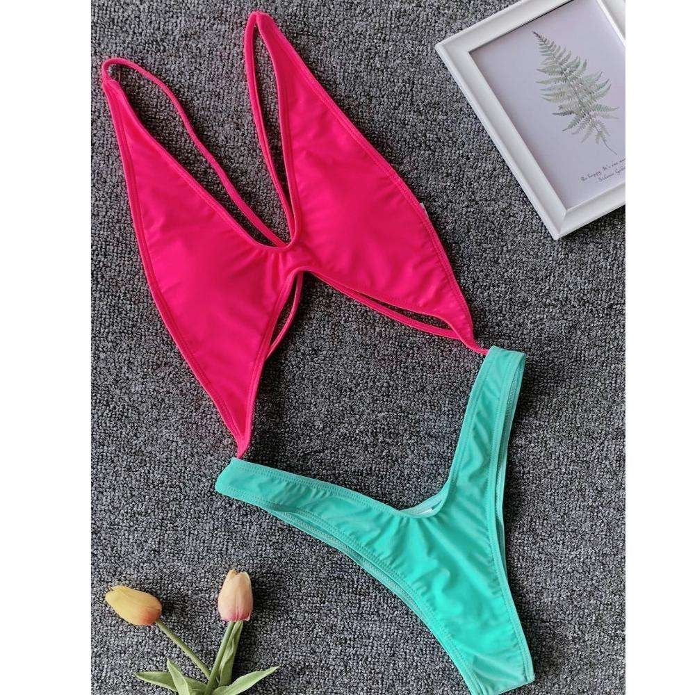 Women’s Neon Swimwear – Sexy Backless Bikini Thong Two-Piece Swimsuit