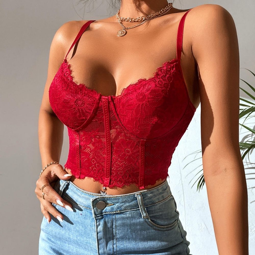 Pink Lace Corset Top for Women – Sexy Embroidered Bustier Tube Crop Bralette Sleeveless Party Top