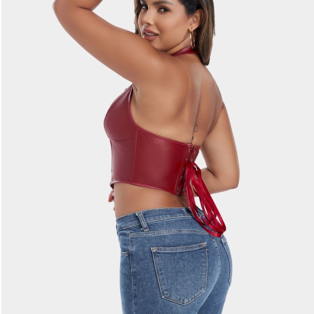 PU Leather Corset Top for Women – Sexy Boned Bustier Tank with Hook Neck & Front Closure Slimming Shapewear Blouse