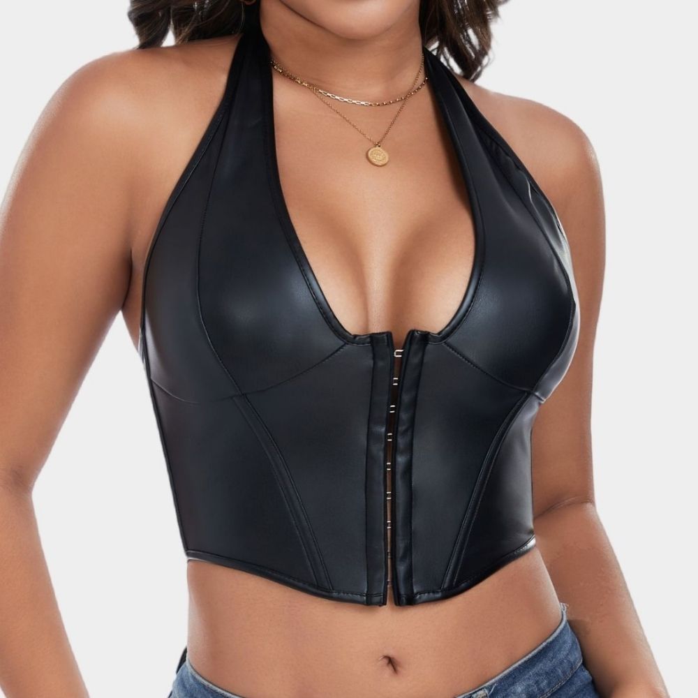 PU Leather Corset Top for Women – Sexy Boned Bustier Tank with Hook Neck & Front Closure Slimming Shapewear Blouse