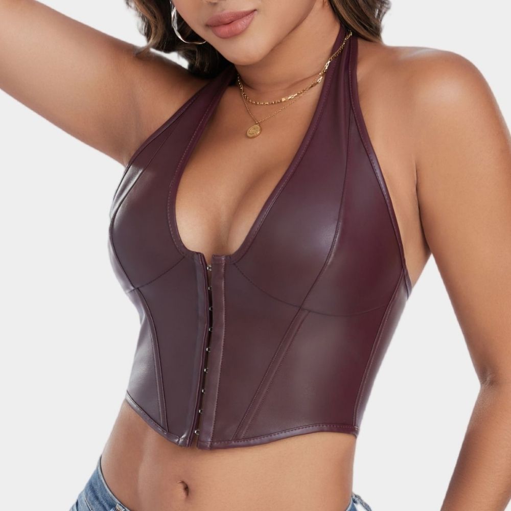 PU Leather Corset Top for Women – Sexy Boned Bustier Tank with Hook Neck & Front Closure Slimming Shapewear Blouse