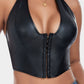 PU Leather Corset Top for Women – Sexy Boned Bustier Tank with Hook Neck & Front Closure Slimming Shapewear Blouse