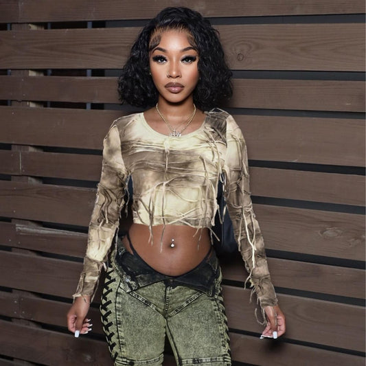 Women’s Tie Dye Crop Top – Slim Fit O-Neck Tassel T-Shirt | Street Style Summer Fashion