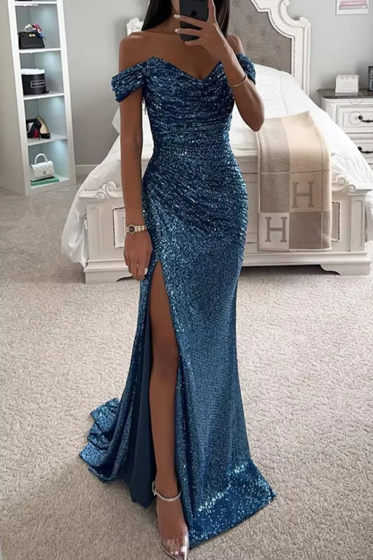 Elegant Sequined Slit Neck Maxi Evening Gown