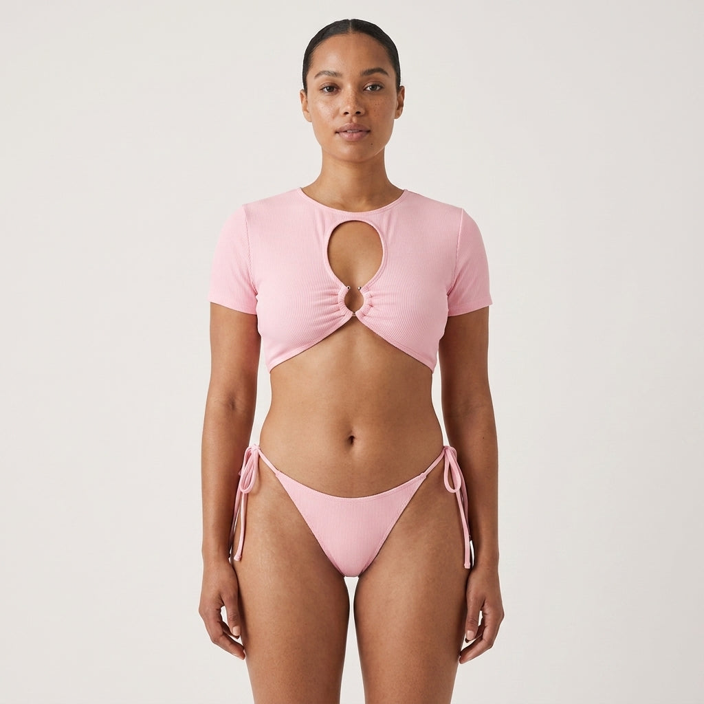 Summer Sexy Hollow Out Ribbed Bikini Set – Women’s Two Piece Swimsuit with Thong Bottoms & Short Sleeve Top
