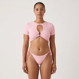 Summer Sexy Hollow Out Ribbed Bikini Set – Women’s Two Piece Swimsuit with Thong Bottoms & Short Sleeve Top