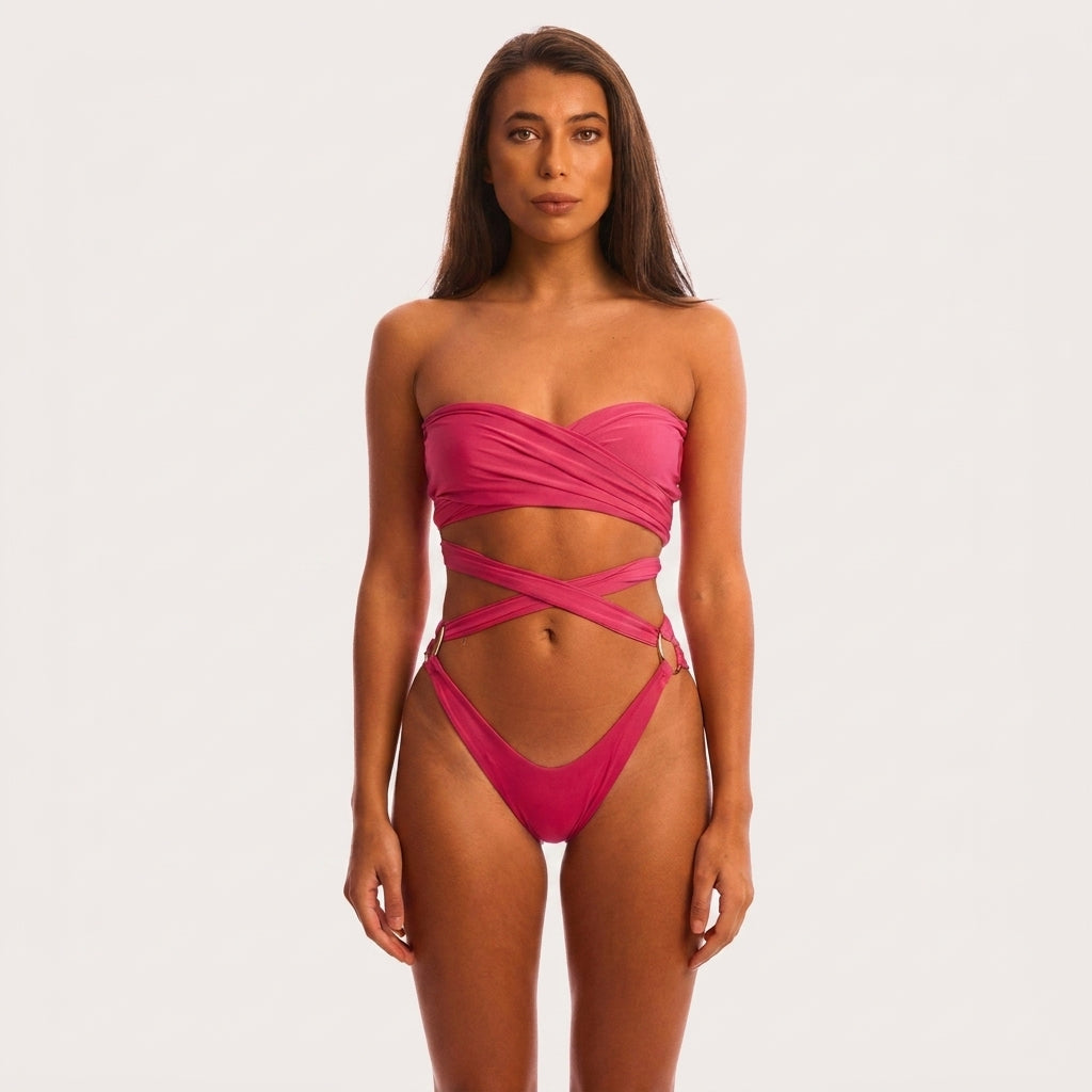 Pink Neon Bikini for Women – Sexy Strapless Bandage Swimwear Two-Piece Set