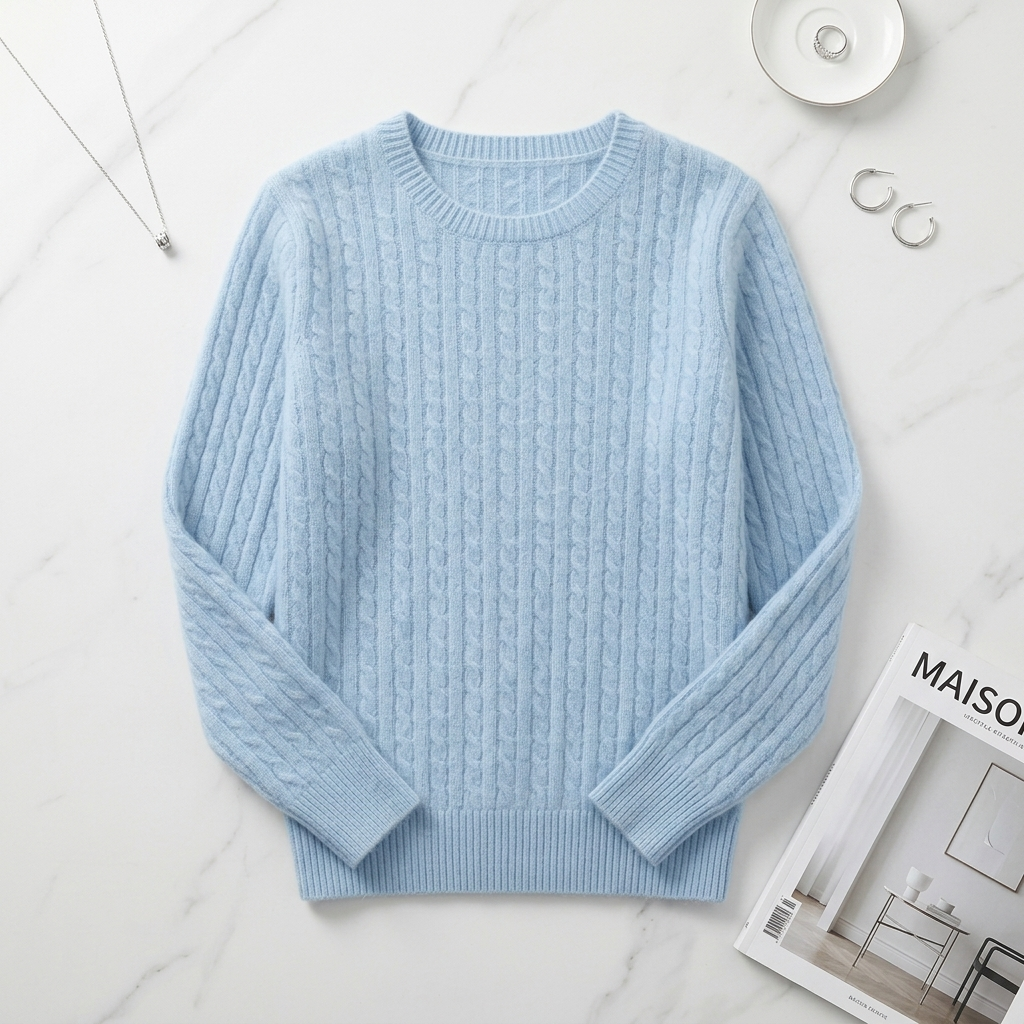 Sky blue Pure Merino Wool Sweater – Loose Fit Cable Knit Round Neck Pullover
