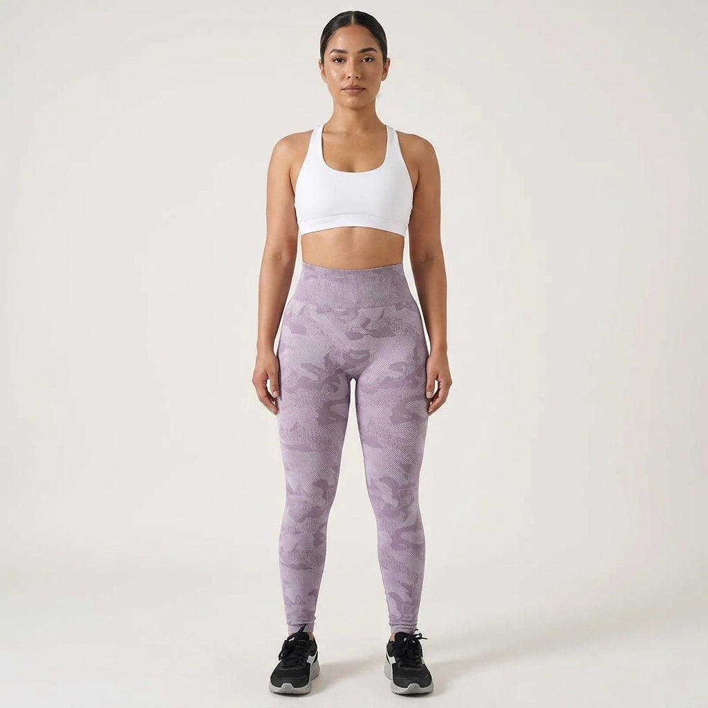 Women's High Waisted Seamless Camo Leggings,Purple Camouflage Print, Sculpting Stretch Workout Yoga Pant