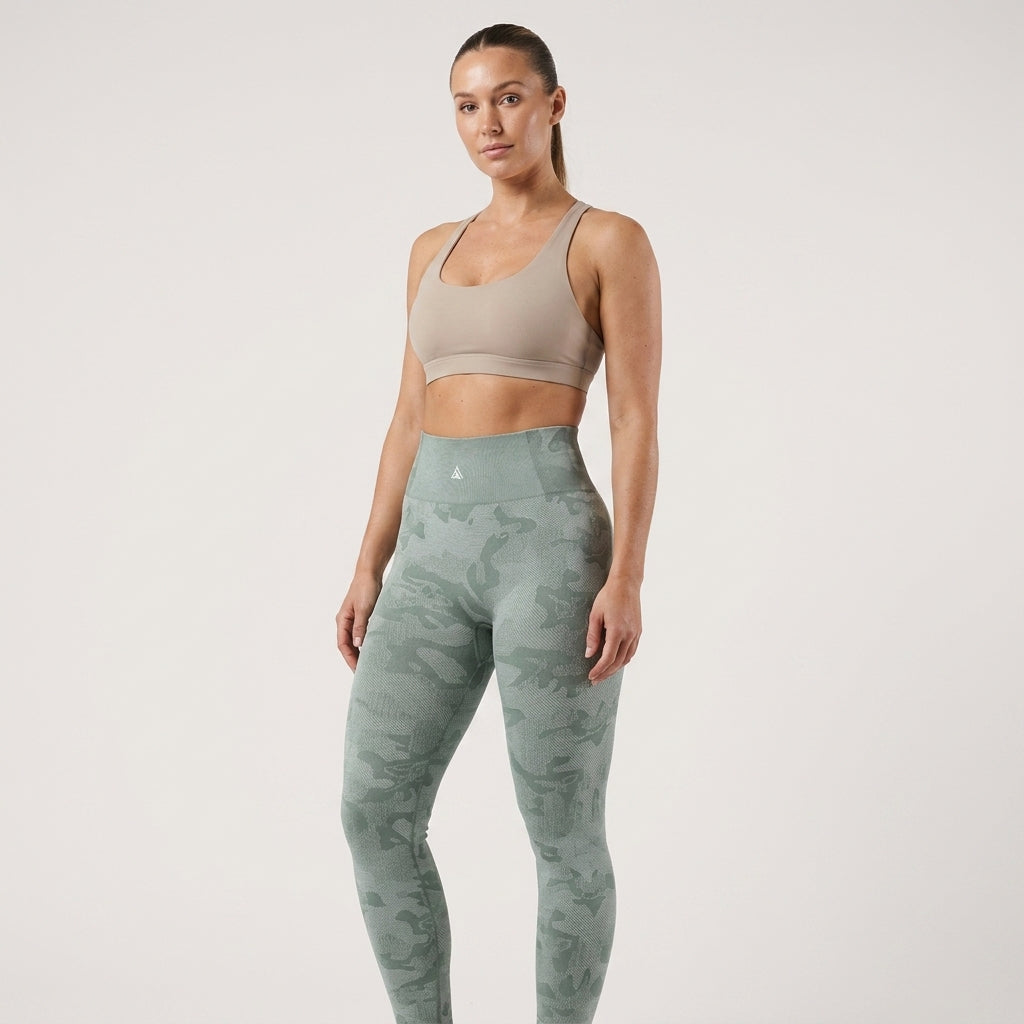 Women's High Waisted Seamless Camo Leggings, Green Camouflage Print, Sculpting Stretch Workout Yoga Pants