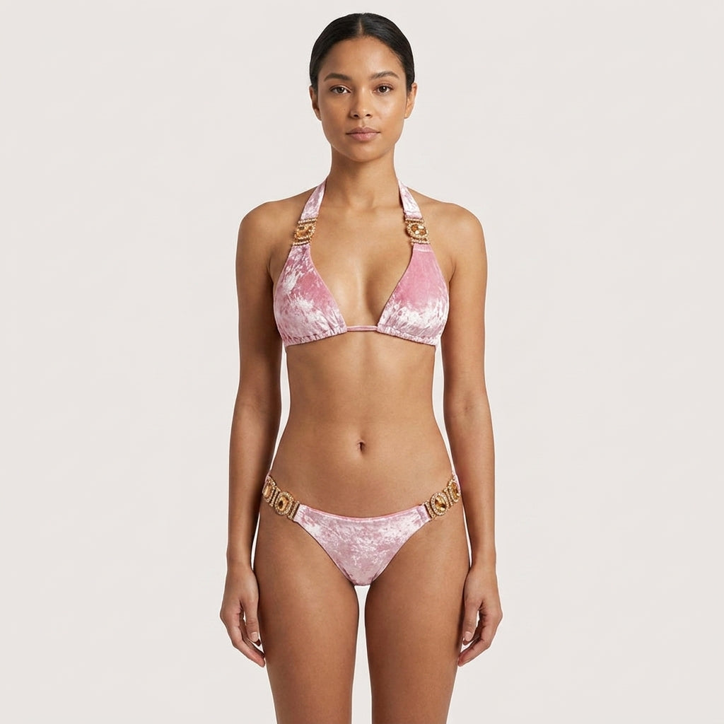 Pink Rhinestone Swimwear for Women – Velvet Bikini Set