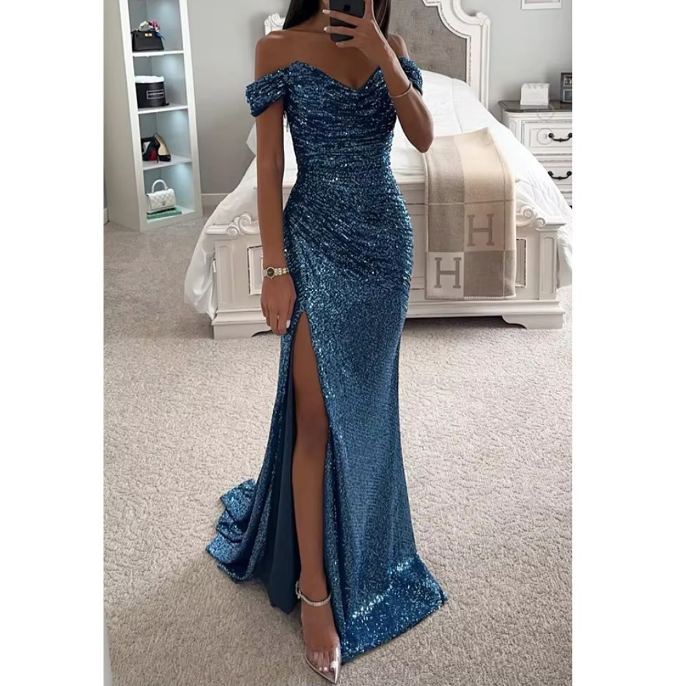 Elegant Sequined Slit Neck Maxi Evening Gown