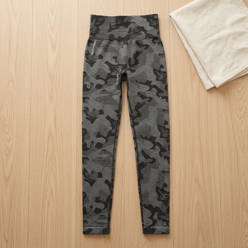 Women's High Waisted Seamless Camo Leggings, Black Grey Camouflage Print, Sculpting Stretch Workout Yoga Pants