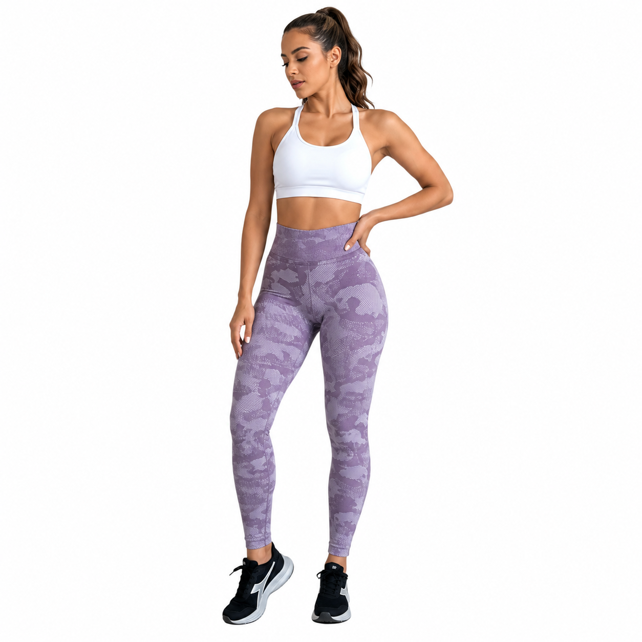 Women's High Waisted Seamless Camo Leggings,Purple Camouflage Print, Sculpting Stretch Workout Yoga Pant