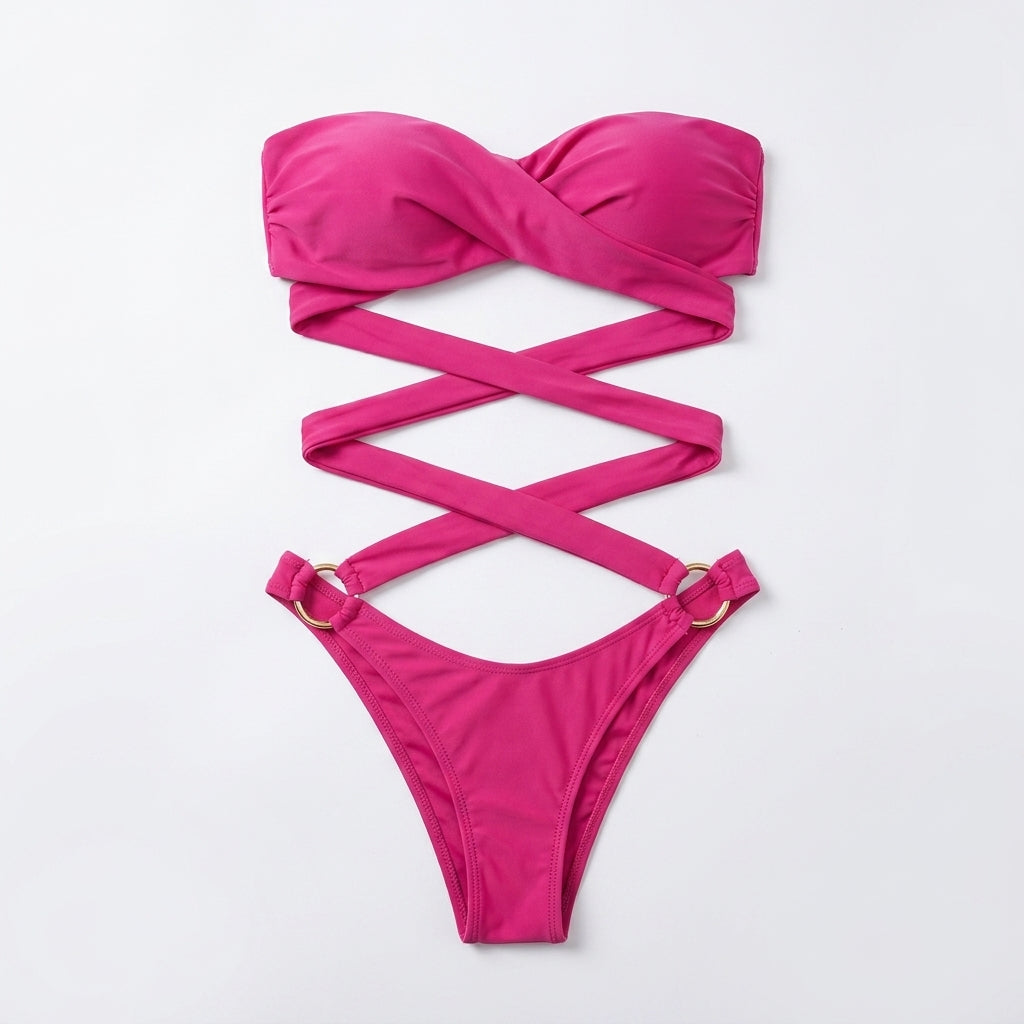 Pink Neon Bikini for Women – Sexy Strapless Bandage Swimwear Two-Piece Set