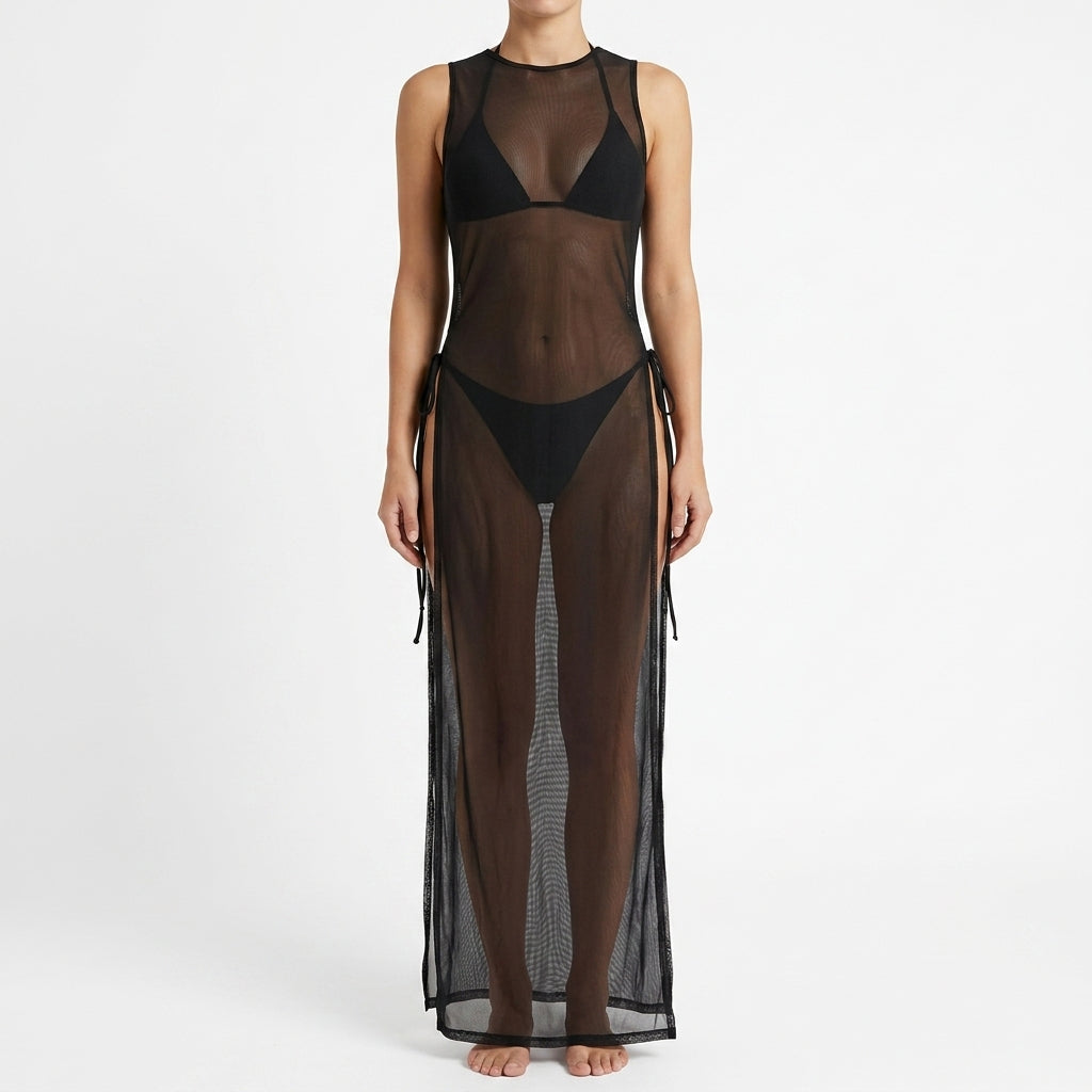 Sexy Women Mesh Swimwear – 3 Piece Bikini Set with High Leg Cut & Cover Up Dress