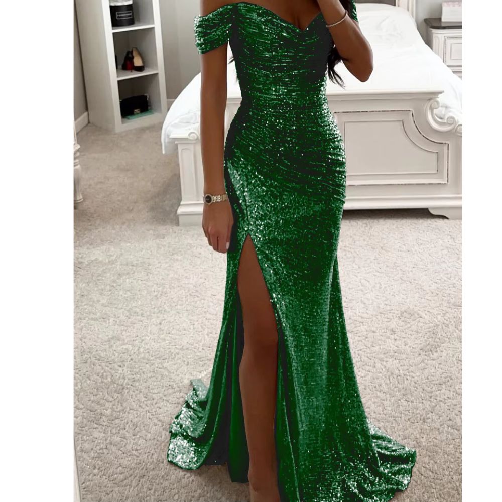Elegant Sequined Slit Neck Maxi Evening Gown