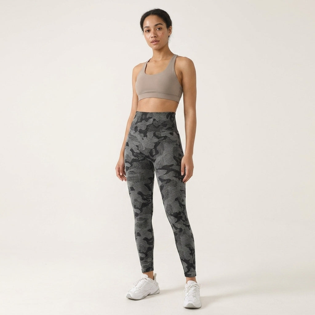 Women's High Waisted Seamless Camo Leggings, Black Grey Camouflage Print, Sculpting Stretch Workout Yoga Pants