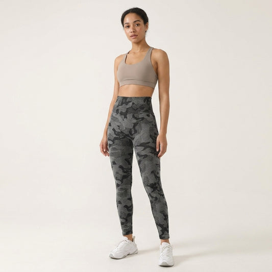 Women's High Waisted Seamless Camo Leggings, Black Grey Camouflage Print, Sculpting Stretch Workout Yoga Pants