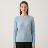 Sky blue Pure Merino Wool Sweater – Loose Fit Cable Knit Round Neck Pullover
