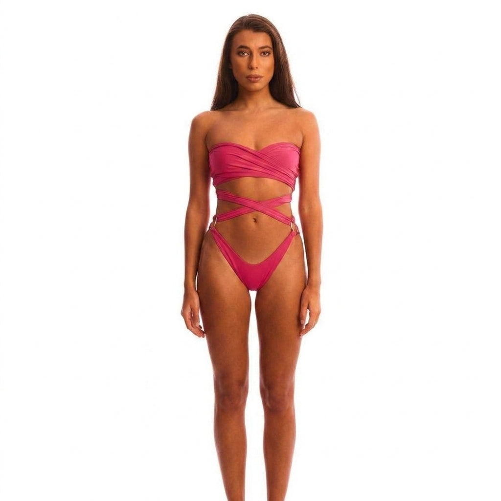 Pink Neon Bikini for Women – Sexy Strapless Bandage Swimwear Two-Piece Set