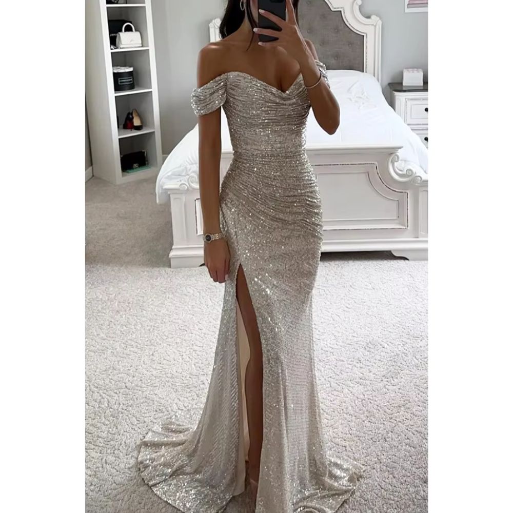 Elegant Sequined Slit Neck Maxi Evening Gown