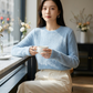 Sky blue Pure Merino Wool Sweater – Loose Fit Cable Knit Round Neck Pullover