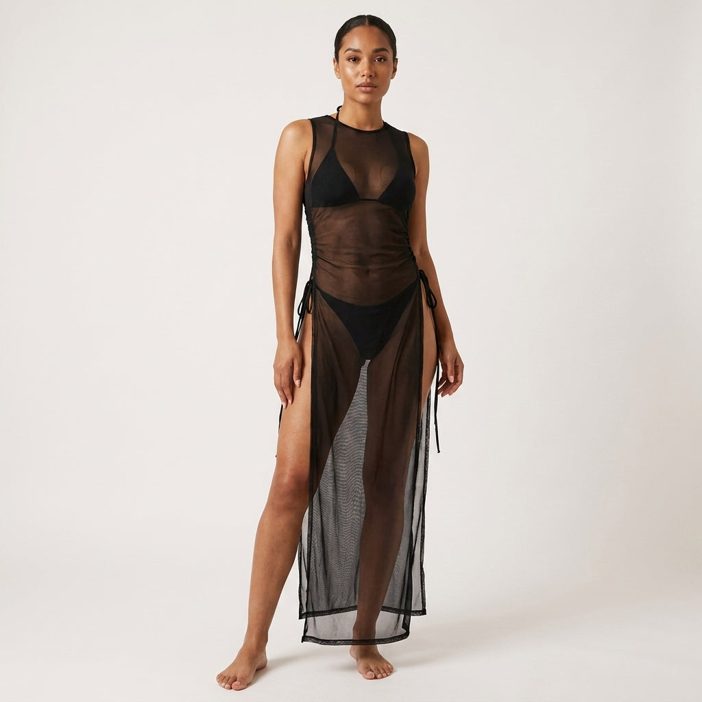 Sexy Women Mesh Swimwear – 3 Piece Bikini Set with High Leg Cut & Cover Up Dress