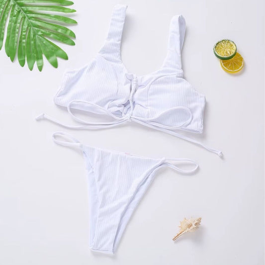 Women’s Swimwear – Summer Sexy White Bandage Ribbed Bikini 2-Piece Swimsuit