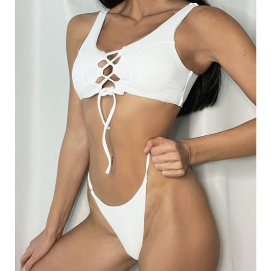 Women’s Swimwear – Summer Sexy White Bandage Ribbed Bikini 2-Piece Swimsuit