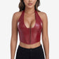 PU Leather Corset Top for Women – Sexy Boned Bustier Tank with Hook Neck & Front Closure Slimming Shapewear Blouse
