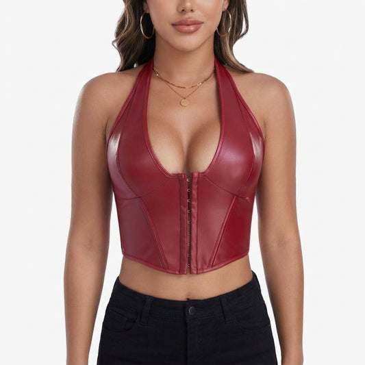 PU Leather Corset Top for Women – Sexy Boned Bustier Tank with Hook Neck & Front Closure Slimming Shapewear Blouse