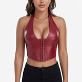 PU Leather Corset Top for Women – Sexy Boned Bustier Tank with Hook Neck & Front Closure Slimming Shapewear Blouse