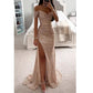 Elegant Sequined Slit Neck Maxi Evening Gown