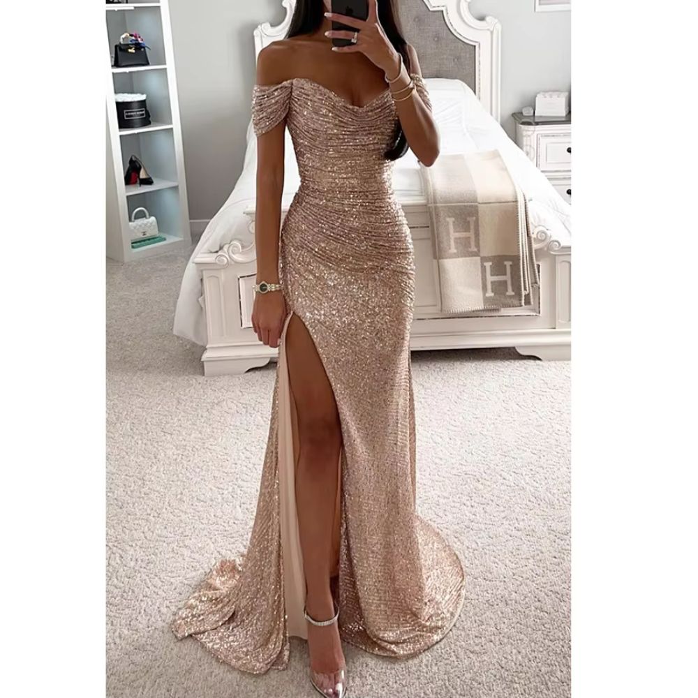 Elegant Sequined Slit Neck Maxi Evening Gown