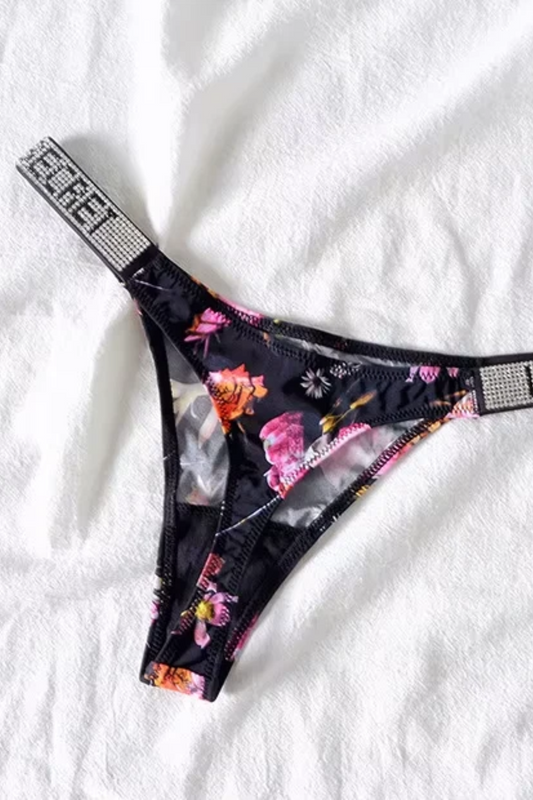 Women's Mid-Rise Thong Underwear with Rhinestone Strap