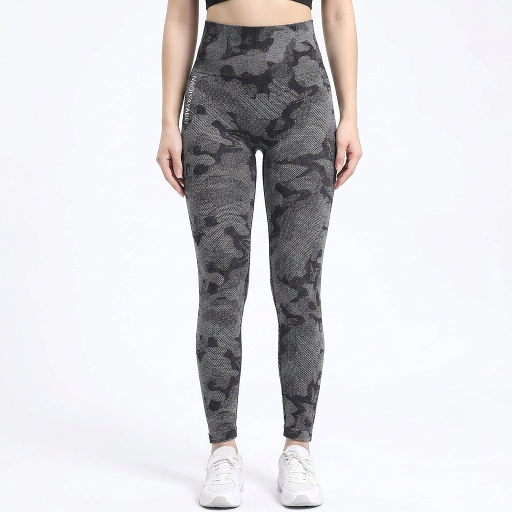 Women's High Waisted Seamless Camo Leggings, Black Grey Camouflage Print, Sculpting Stretch Workout Yoga Pants